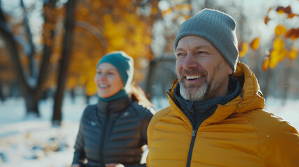 Happy senior man and woman jogging together in a park surrounded by autumn leaves and trees