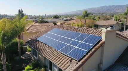 Rooftop Solar Panels Harnessing Sunlight on a Residential House Surrounded by Trees and Mountains in a Clear Blue Sky Environment