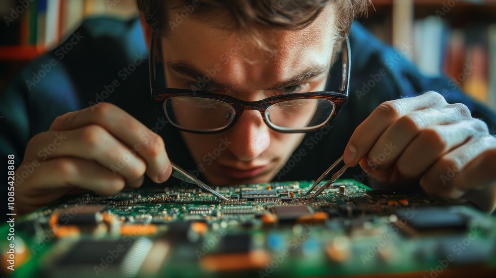 Aufkleber a man is looking at a computer chip with a pair of tweezers
