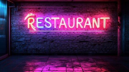 Fototapeta premium Neon Restaurant Sign: A vibrant neon sign illuminates a dark brick wall, beckoning diners with its alluring glow.