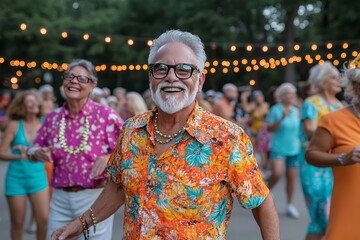 Fototapeta premium Close-knit group of seniors dressed in cheerful, colorful outfits, dancing in a park. Generative AI
