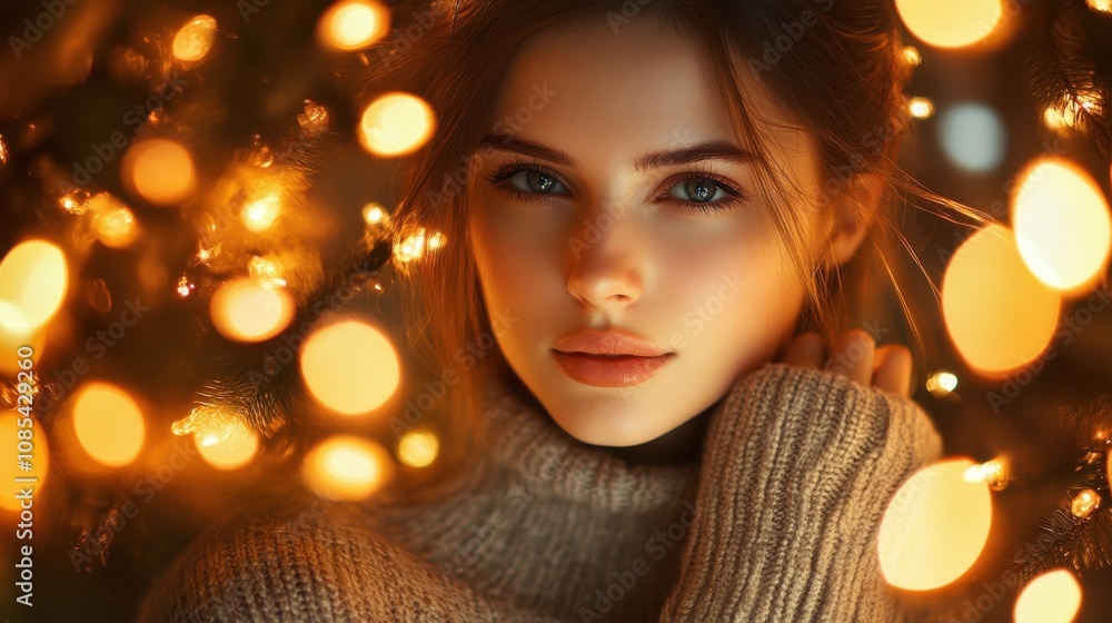 Poster a woman in a stylish turtleneck sweater basks in the glow of vivid string lights, creating a festive