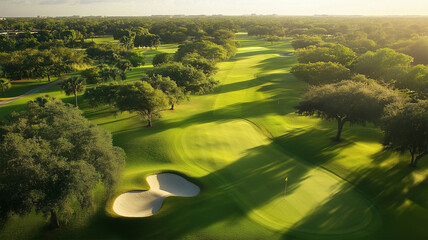朝日の中で上空から見た美しいゴルフコース