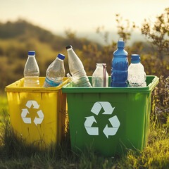 This image shows a wooden recycling symbol set in an area of ​​grass and greenery, symbolizing sustainability and environmental care.