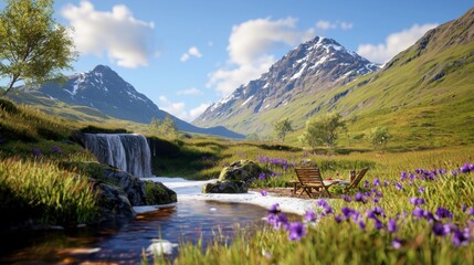 Scenic Highland View with Snowcapped Mountains