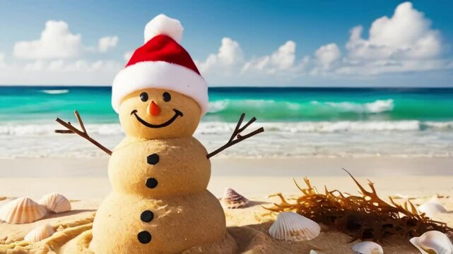 A cheerful, sandy snowman wearing a red Santa hat, standing on a sun-kissed sea beach with gentle waves rolling in the background, Sandman on the beach, created with generative ai