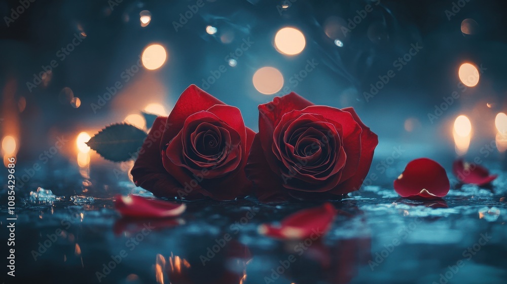 Poster against a glowing bokeh background, two deep red roses and scattered petals create a poetic represen