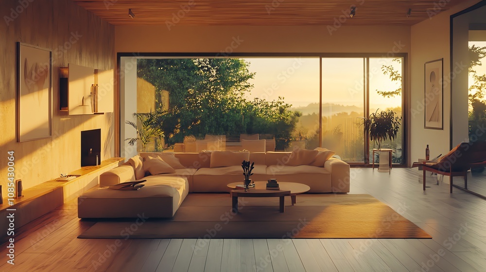 Poster a modern living room with a large sectional sofa facing a fireplace and large windows with a view of