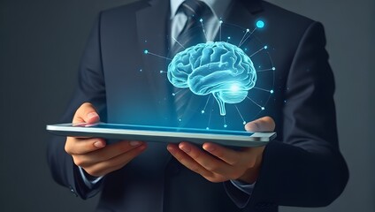 Series of photographs : an holographic brain emermerging from digital tablet, man in suit on the background.