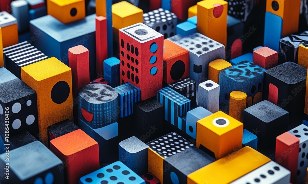 Poster isometric geometric fabric pattern with bold, overlapping shapes in vibrant colors, creating a moder