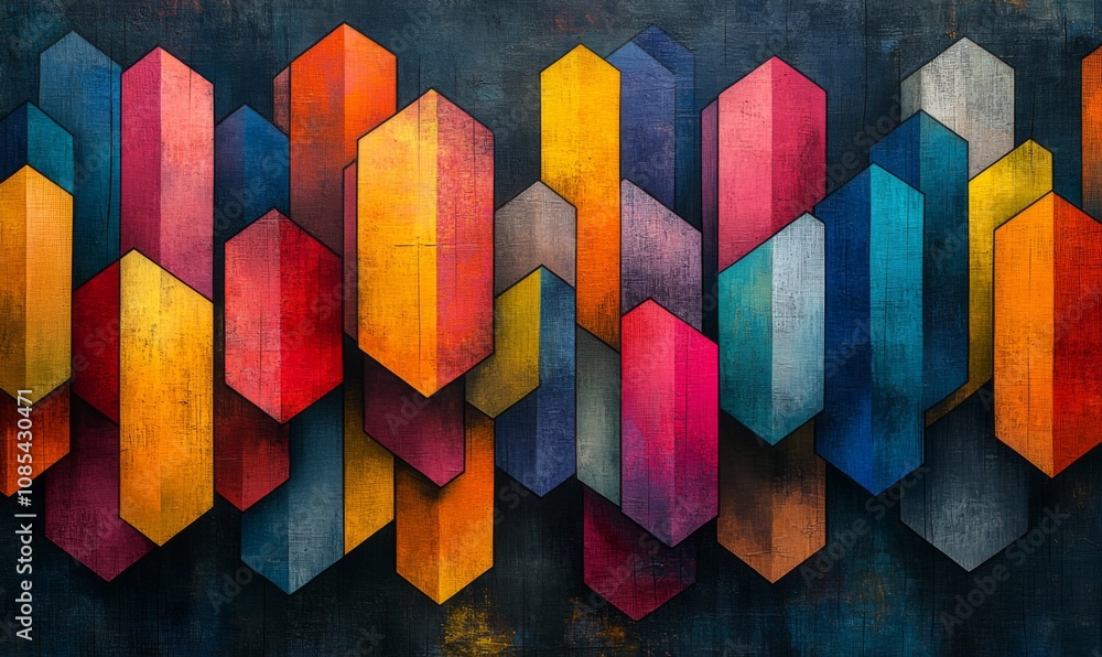 Poster isometric geometric fabric pattern with bold, overlapping shapes in vibrant colors, creating a moder