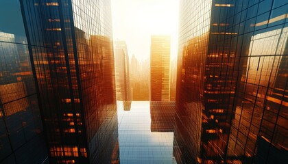 Urban Canyon Golden Sunrise Reflections in Modern Glass Skyscrapers, Architectural Photography