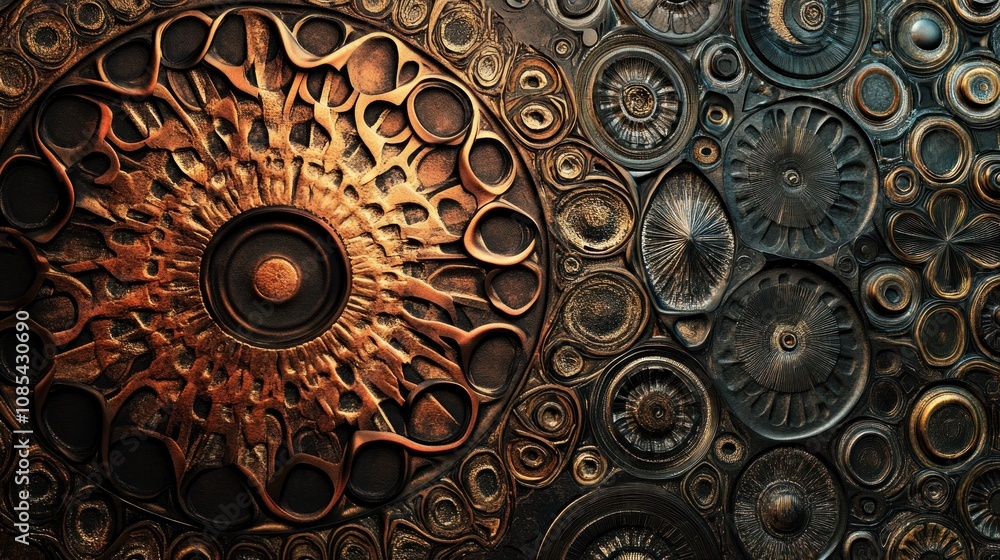 Poster intricate metallic patterns and textures in a decorative design.