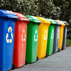 This image shows a wooden recycling symbol set in an area of ​​grass and greenery, symbolizing sustainability and environmental care.