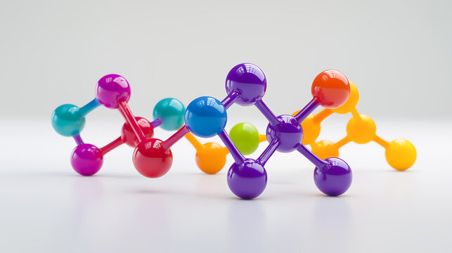 A colorful molecular model set interconnected to represent the formation of a polymer chain, The model spheres (atoms) connected by sticks (bonds), forming a long, intricate chain structure