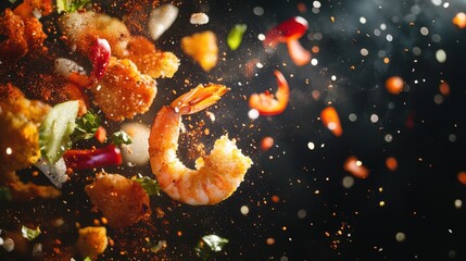 Dynamic mid-air shot of fried seafood and vegetables with vibrant spices and glowing effects, all floating on a dark studio background