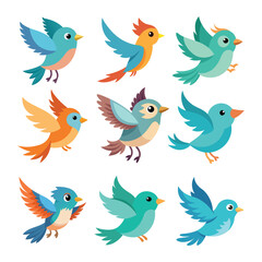 Set of cute flying little colorful cartoon birds vector art illustration on a white background 
