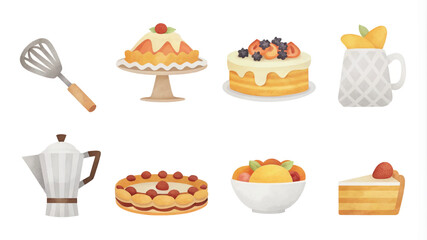 Set of various desserts on a white background. Vector illustration in cartoon style.