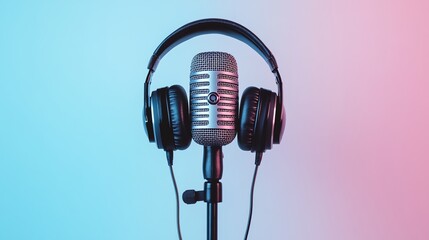 A vintage microphone with headphones around the top against a pink and blue neon background.