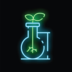Neon sign icon of a plant growing inside a laboratory flask
