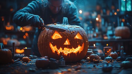 Naklejka premium A person carving a jack-o-lantern with a knife, surrounded by other pumpkins.