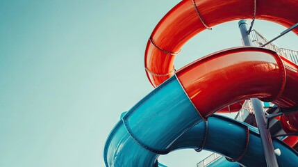 Colorful spiraling water slide with vibrant red and blue sections, set against a clear sky, capturing the thrill of a water park