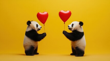 Fototapeta premium On a bright yellow stage, two pandas share a sweet moment holding red heart balloons, evoking a playful and loving atmosphere