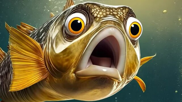 Golden fish playfully opening its mouth underwater while releasing bubbles