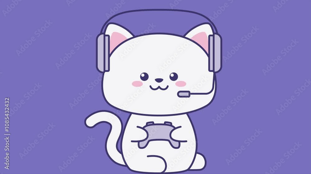 Poster cat with headphones holding a gamepad. minimal modern seamless motion design. abstract loop animatio