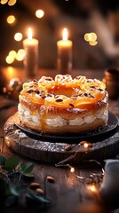 Rosca de Reyes on wooden table, richly decorated with almond slices and candied fruits, warm lighting accentuates golden crust, festive touch