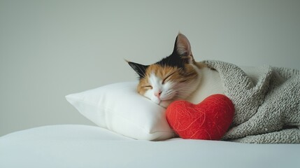 A calico cat peacefully resting on a pillow with a heart-shaped cushion in a minimalist setting during the day