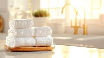 Stacked paper towels on a kitchen counter, early morning light casting gentle shadows; bright, airy kitchen setup with rustic elements