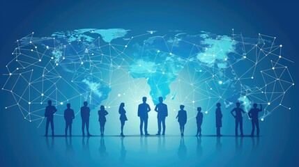 A global communications network with interconnected business nodes and collaborative human resources.