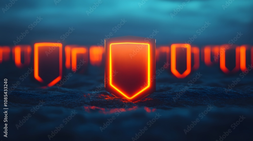 Poster Futuristic Neon Shield Display in Dark Atmospheric Setting with Glowing Edges, Ideal for Sci-Fi Themes, Gaming Designs, and Digital Backgrounds