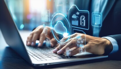 Man typing on laptop, cloud service hologram and devices sync