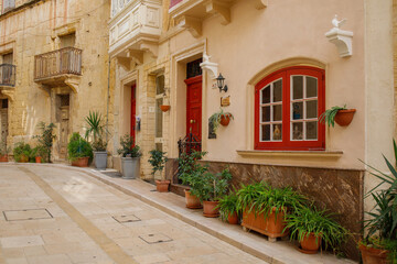 Typical maltese street with many plant pots in Birgu old town, Malta