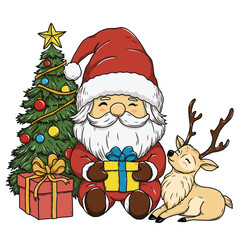 Vector illustration of Santa Claus holding a gift box with reindeer.Cute hand drawn cartoon illustration on white background