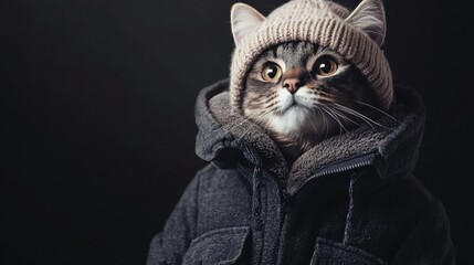 Stylish feline in a warm jacket and hat, posing confidently under a soft spotlight on a minimalist black background