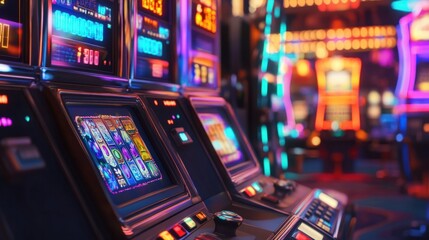 Slot machine handles with glowing buttons and colorful screens in a vibrant casino environment