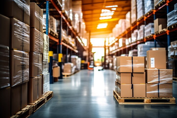 Obraz premium A retail warehouse with cartons, pallets, and forklifts, surrounded by logistics and transportation, serves as a product distribution center.