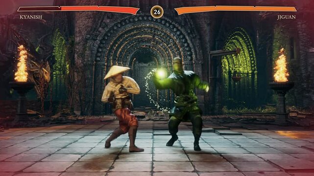 Player suffering death defeat by the opponent in the fighting computer game. Animation of character death after defeat in the fight round. Death of the magical fighter hero defeated by the enemy.