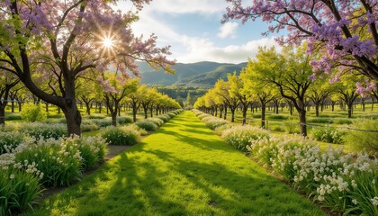 Fototapeta premium Blooming orchard with sunlight and mountain view. 
