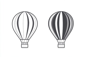 Obraz premium Black and white simple vector line drawing of two hot air balloons, one in front view, the other from behind, on an isolated white background. Clean lines, flat design style with minimal shading.