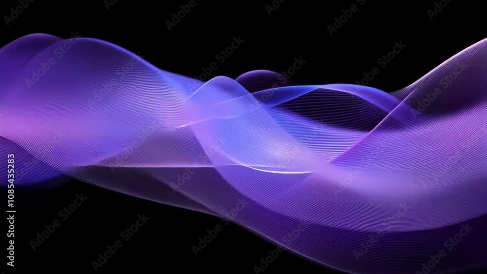 Poster motion animation of 3d neon purple and violet flowing light rays waves lines on black background. di