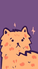 Orange fluffy cat face sparkles on purple background.