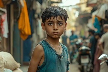 Fototapeta premium Resilience in Poverty: A Young Boy's Story in the Streets