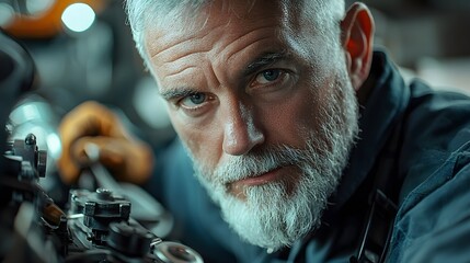 Close-up shot of senior male mechanic fixing car engine, facial details with intense expression, senior mechanic working, mechanical precision and focus
