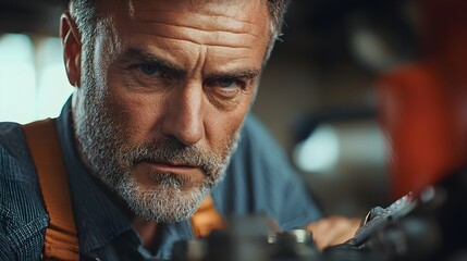 Close-up shot of senior male mechanic fixing car engine, facial details with intense expression, senior mechanic working, mechanical precision and focus