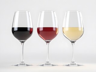 A row of three clear wine glasses filled with various wine, set on minimalist white background. AI generative image.