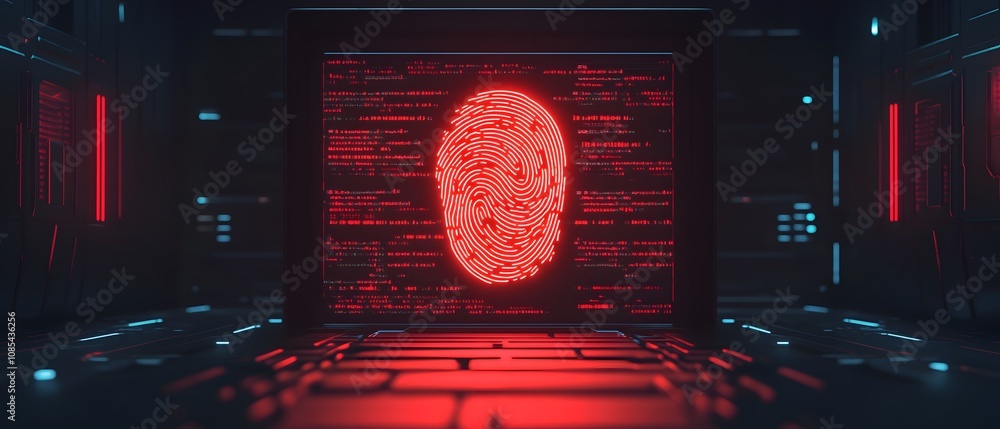 Poster Futuristic Digital Fingerprint Recognition System with Neon Lights and High-Tech Background in a Cybernetic Environment